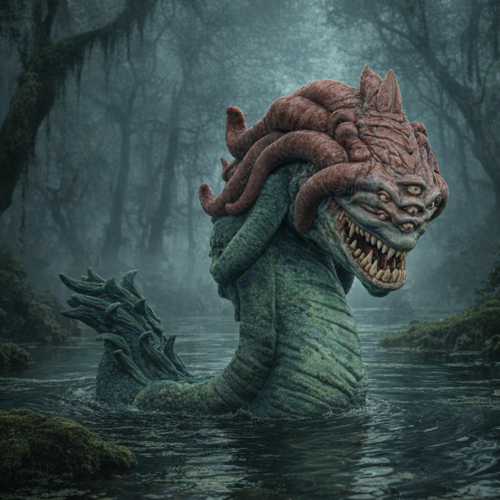 Aboleth emerging from water in a foggy swamp