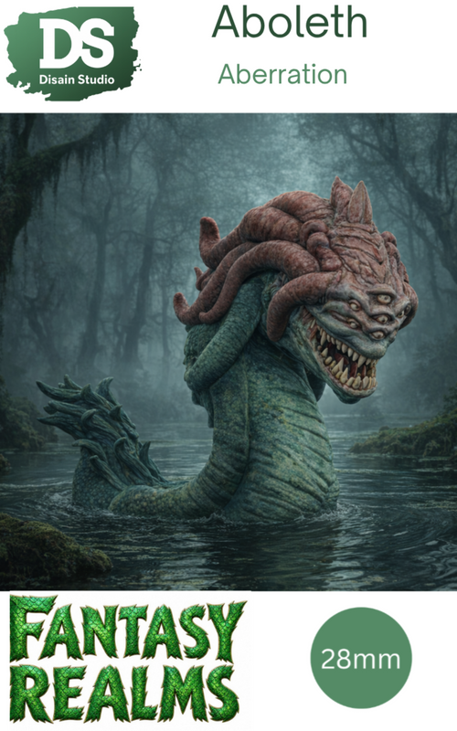 Packaging for Aboleth Fantasy creature in Swamp with 'Fantasy Realms' branding and 'DS Disain Studio' logo.