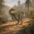 Acrocanthosaurus  dinosaur in a forest setting with trees and a river.