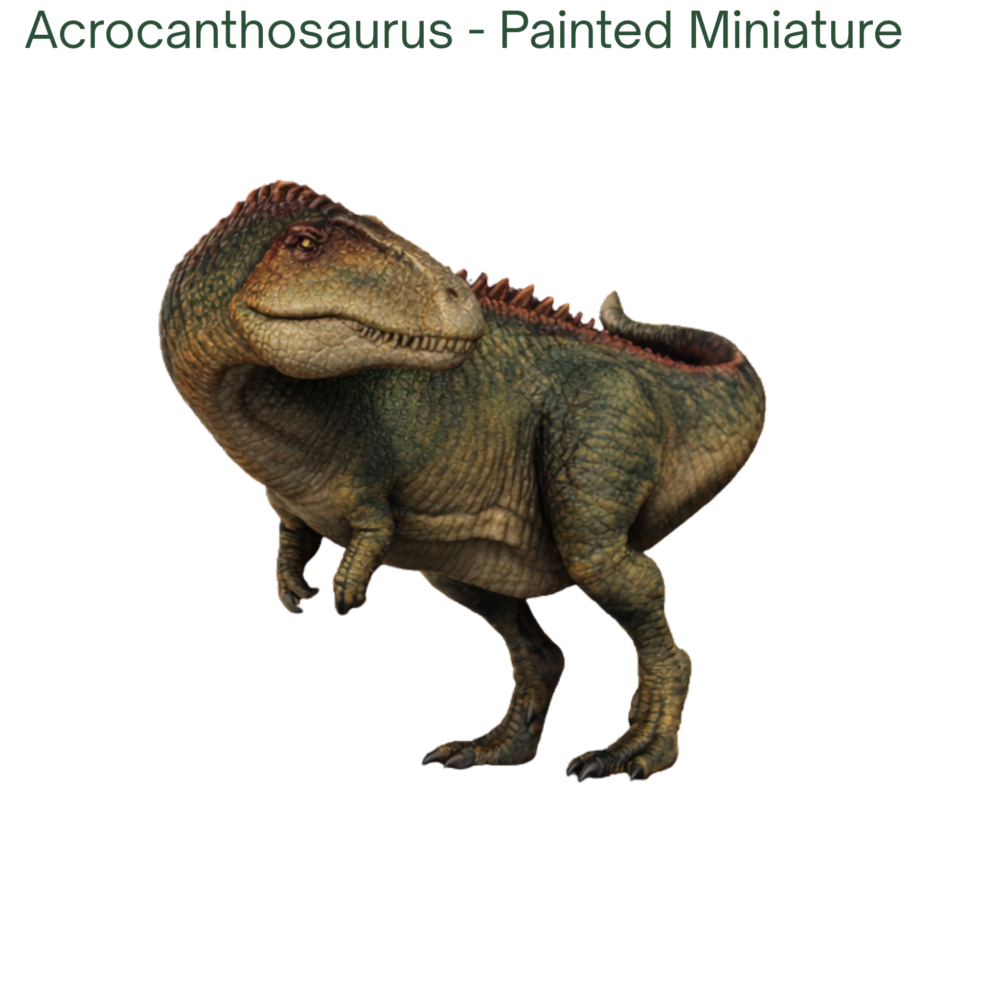 Painted miniature model of an Acrocanthosaurus on a white background
