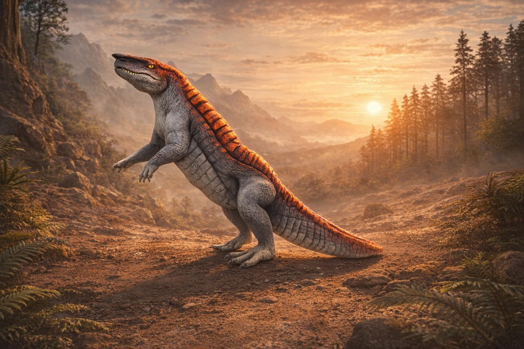 Aetosauroides Rearing on a hill with a sunset and forest in the background