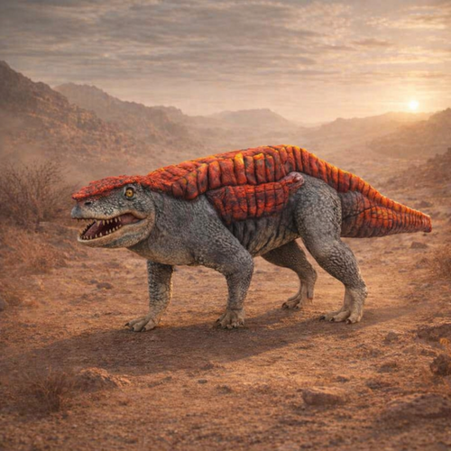 Aetosauroides Walking Reptile with a red back plate in a Prehistoric desert landscape