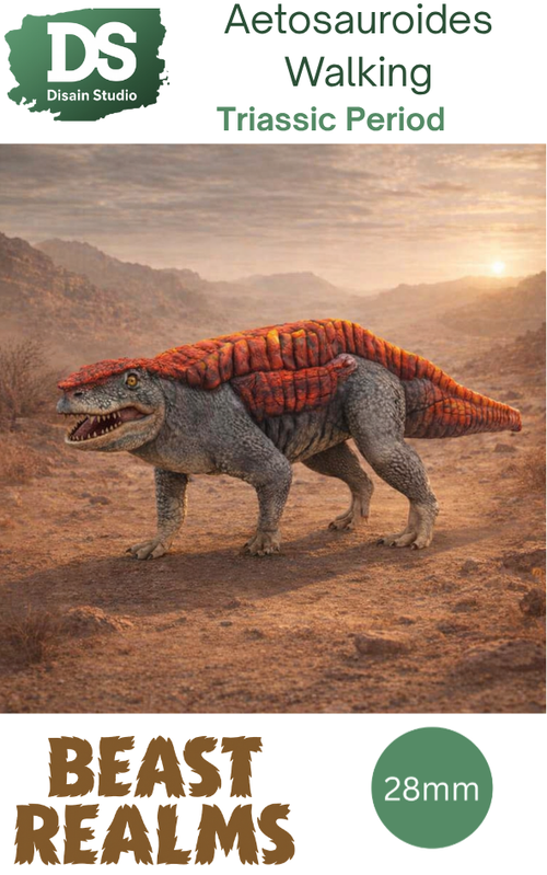 Aetosauroides prehistoric reptile walking with a red back, set against a desert landscape with mountains and sunset.