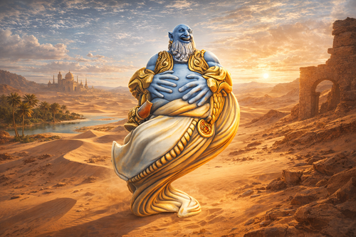Air Djinn in a desert landscape with ruins and a river in the background.