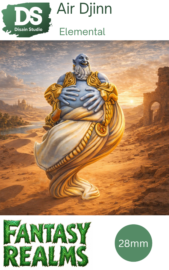 Packaging for Air Djinn miniature from 'Fantasy Realms' range with 'Disain Studio' branding.