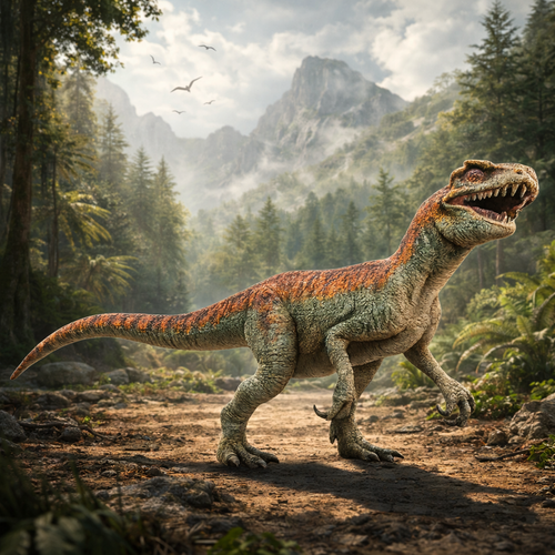 Allosaurus Juvenile Dinosaur in a forest with mountains in the background