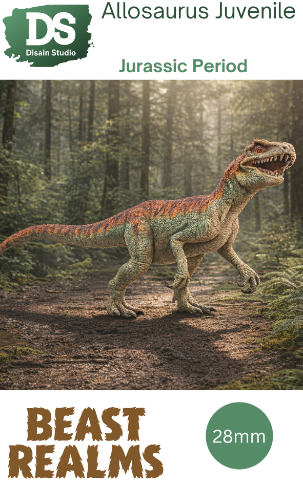 Dinosaur model with 'Beast Realms' branding and 'Allosaurus Juvenile' text in a forest setting.