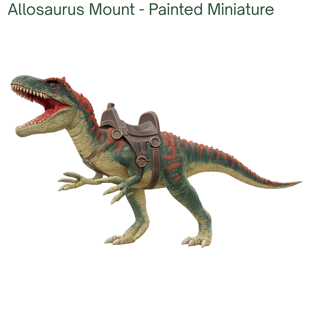 Painted miniature Allosaurus Mount figure with a saddle on a white background