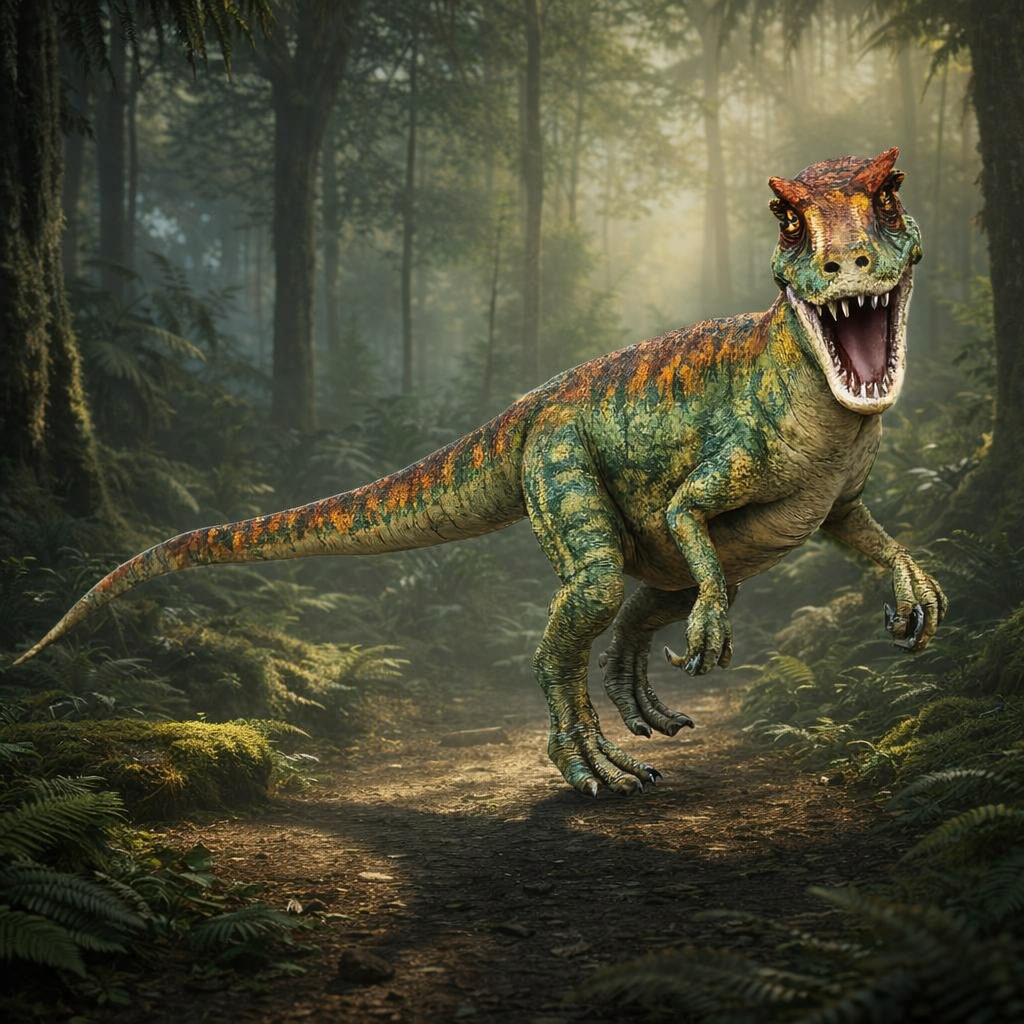 Allosaurus Dinosaur in a Jurassic forest with a misty background