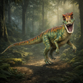 Allosaurus Dinosaur in a Jurassic forest with a misty background