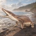 Ambulocetus Roaring on a beach with ocean and cliffs in the background