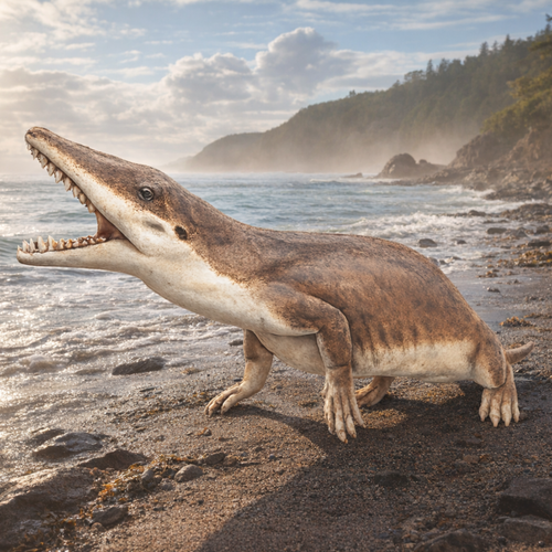 Ambulocetus Roaring on a beach with ocean and cliffs in the background