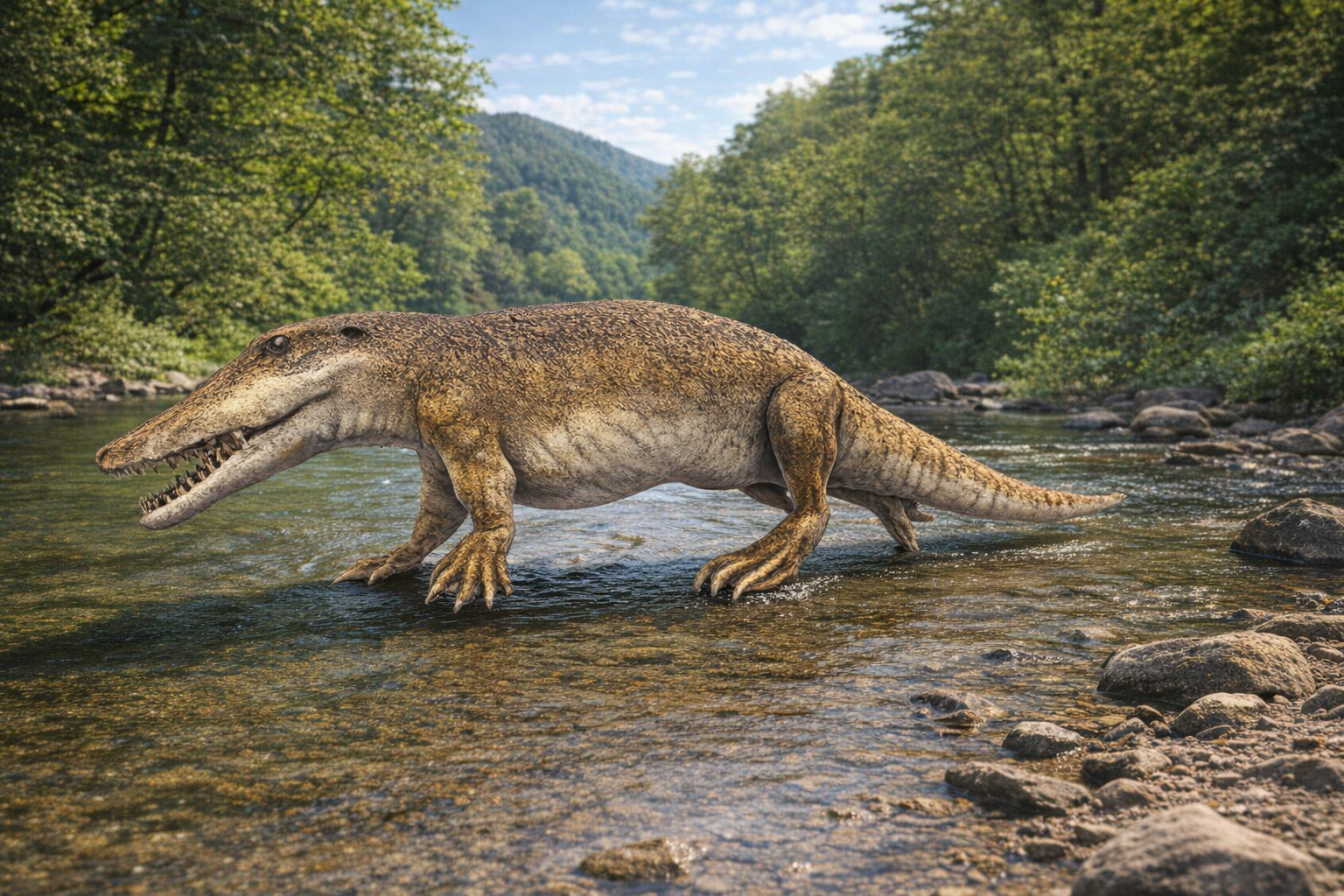 Prehistoric Ambulocetus walking along a riverbank with trees and mountains in the background