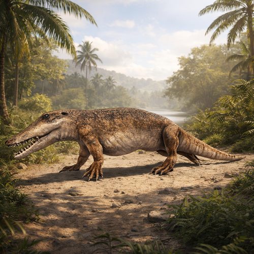 Prehistoric Ambulocetus Walking  in a tropical forest setting