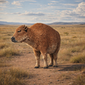 Bison calf standing in a grassy field with mountains in the background