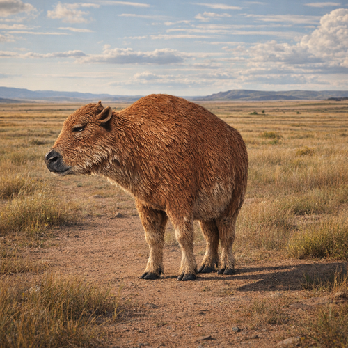 Bison calf standing in a grassy field with mountains in the background