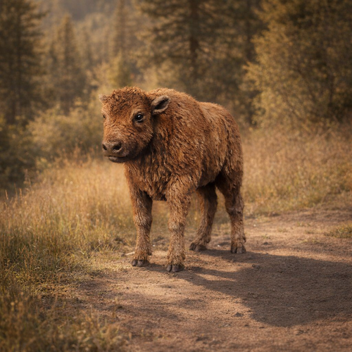 Young american calf bison standing on a dirt path in a forested area