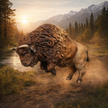 American Bison leaping with mountains and trees in the background