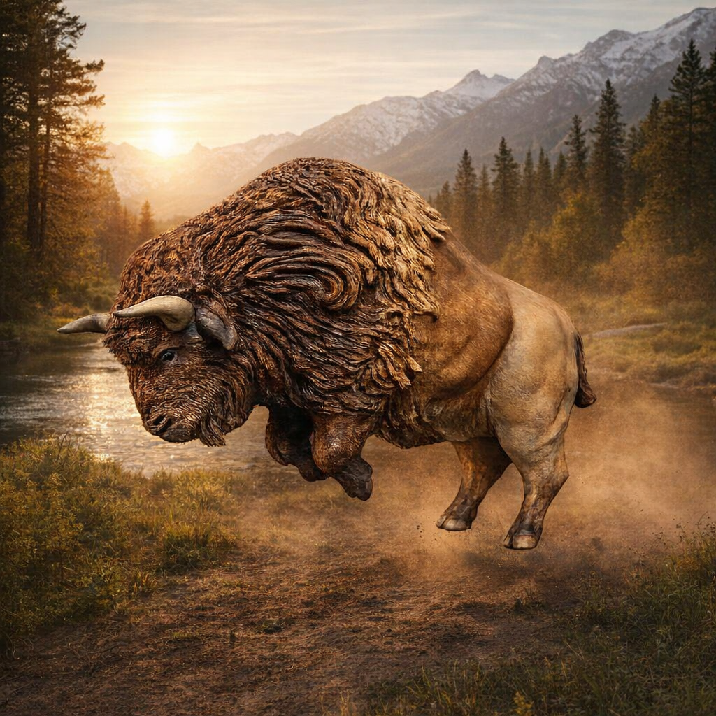 American Bison leaping with mountains and trees in the background