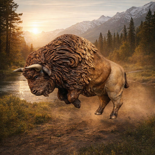 American Bison leaping with mountains and trees in the background