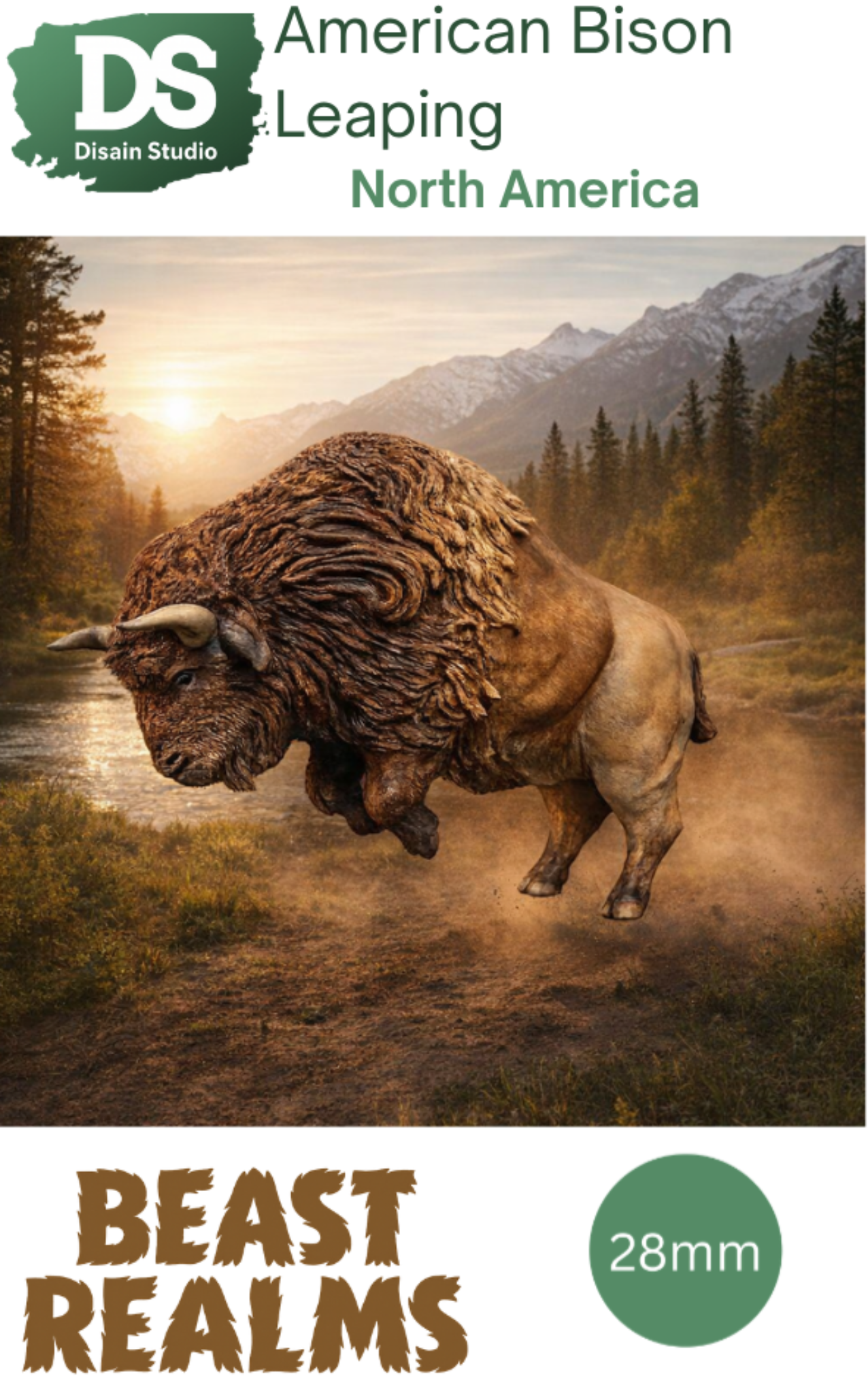 American Bison leaping in a natural landscape with mountains and trees, featuring the Disain Studio logo and 'Beast Realms' branding.
