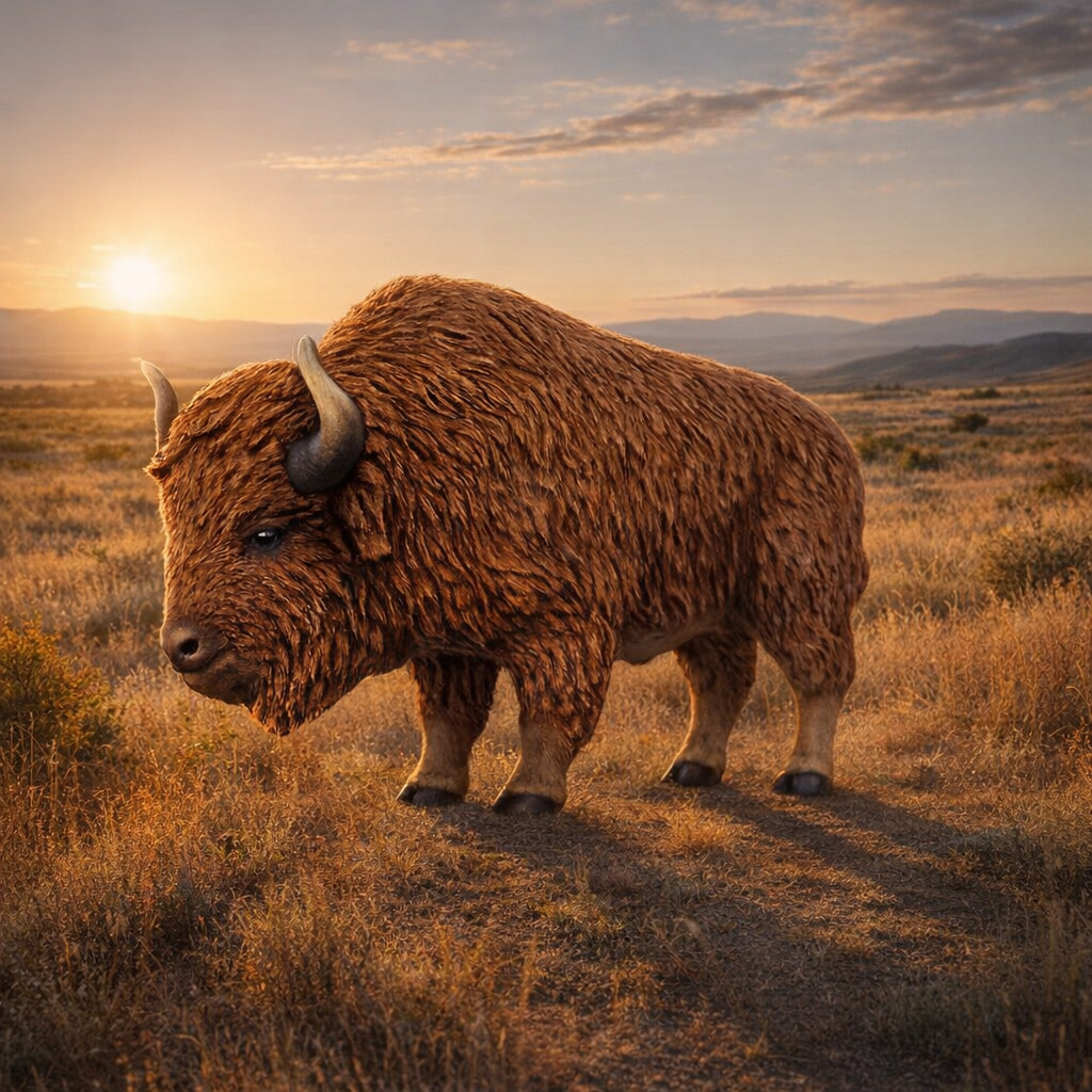 American Bison standing in a field with a sunset in the background