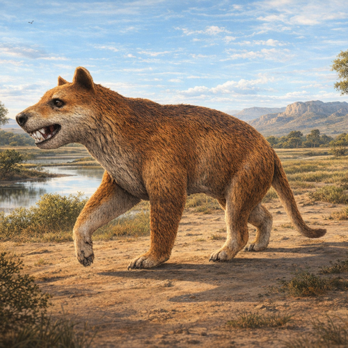 Prehistoric Amphicyonidae stalking in a natural landscape with mountains and water.