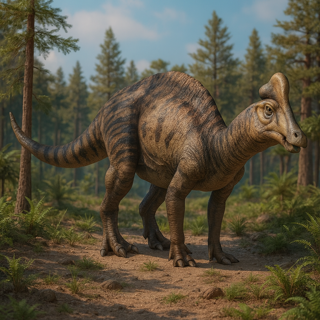 Amurosaurus Dinosaur standing in a forest with trees and foliage in the background