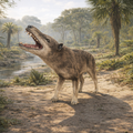 Andrewsarchus Howling in a forested area with trees and a body of water in the background.