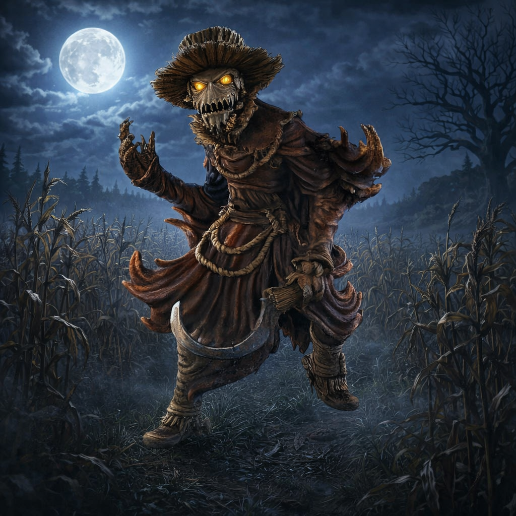 Horror-themed Animated Scarecrow in a dark, moonlit cornfield