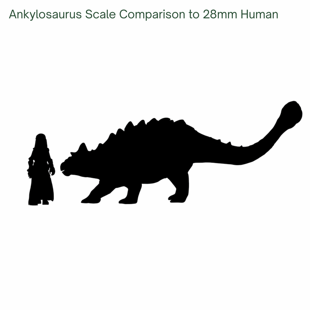 Silhouette comparison of a person and an Ankylosaurus, with text indicating scale to a 28mm human figure.