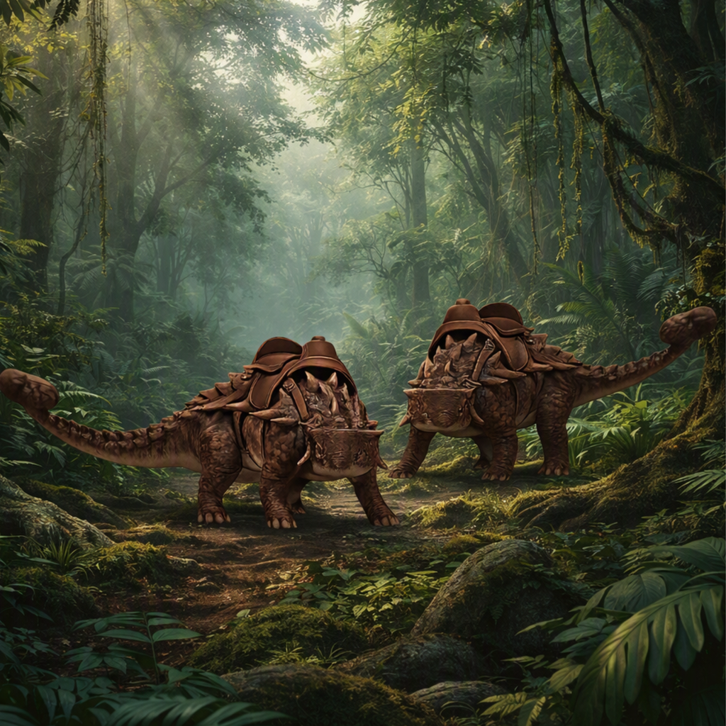 Two armored Ankylosaurus dinosaur mounts with long tails and bony plates travel through a dense, sun-dappled forest path. The scene is rendered in a fantasy/illustrative style with lush green foliage, moss, and soft misty light.