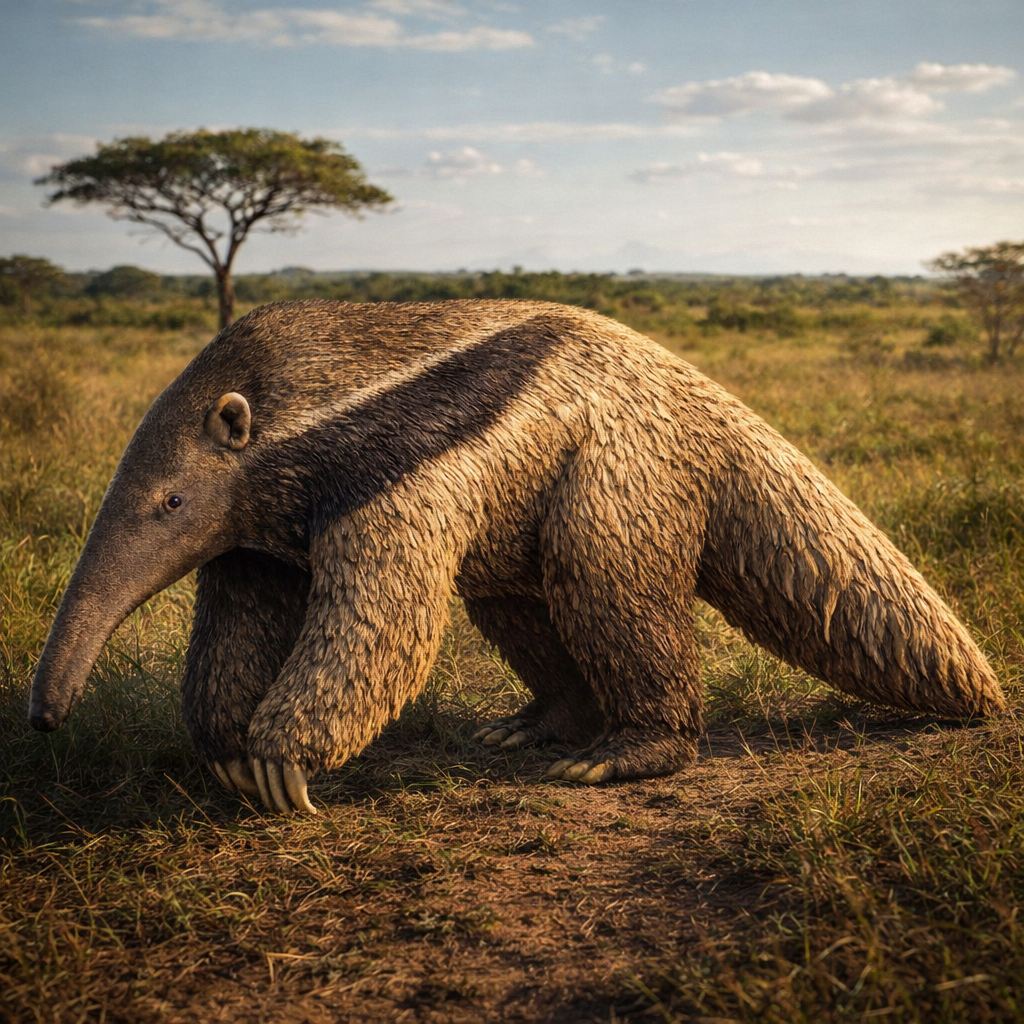 Anteater walking through a grassy savanna with trees in the background