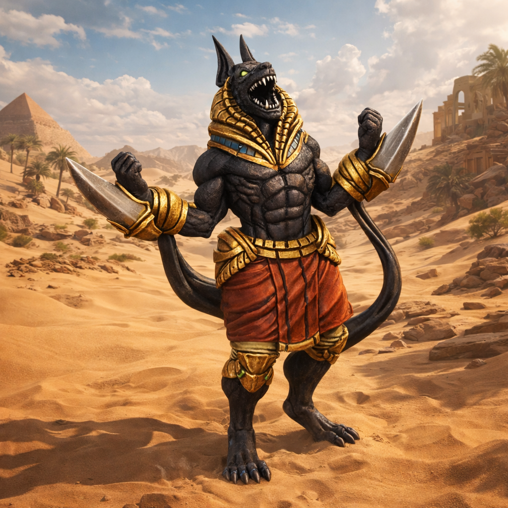 Anubis Warrior  in an Egyptian desert landscape with pyramids in the background