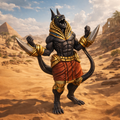 Anubis Warrior  in an Egyptian desert landscape with pyramids in the background