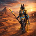 Anubis Warrior with khopesh in a desert landscape with pyramids and sunset.