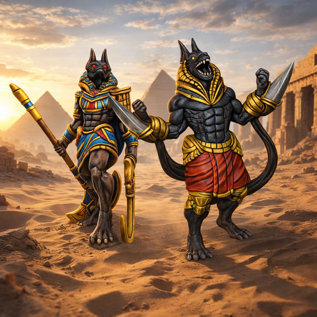 Two Anubis Warriors standing in a desert landscape with pyramids.