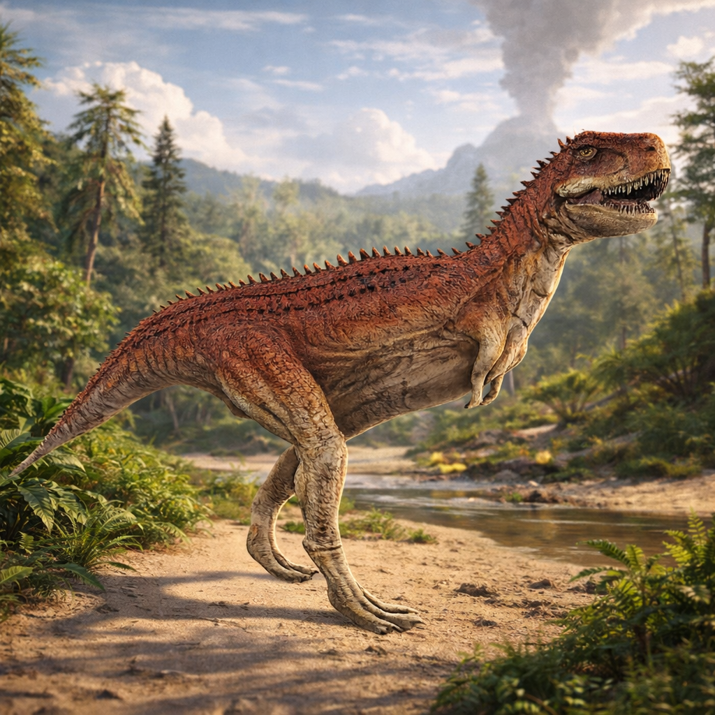 Dinosaur Arcovenator walking on a path with a forest and mountain in the background