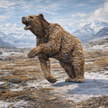 Arctodus with raised paw in a snowy landscape with mountains in the background