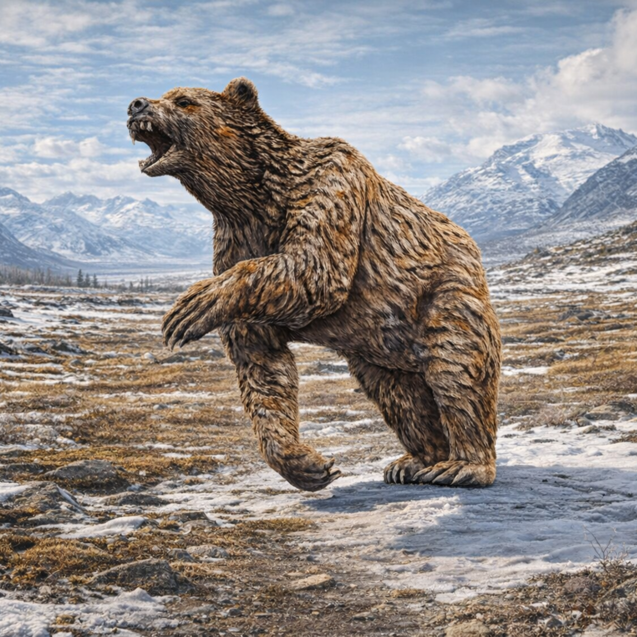 Arctodus with raised paw in a snowy landscape with mountains in the background