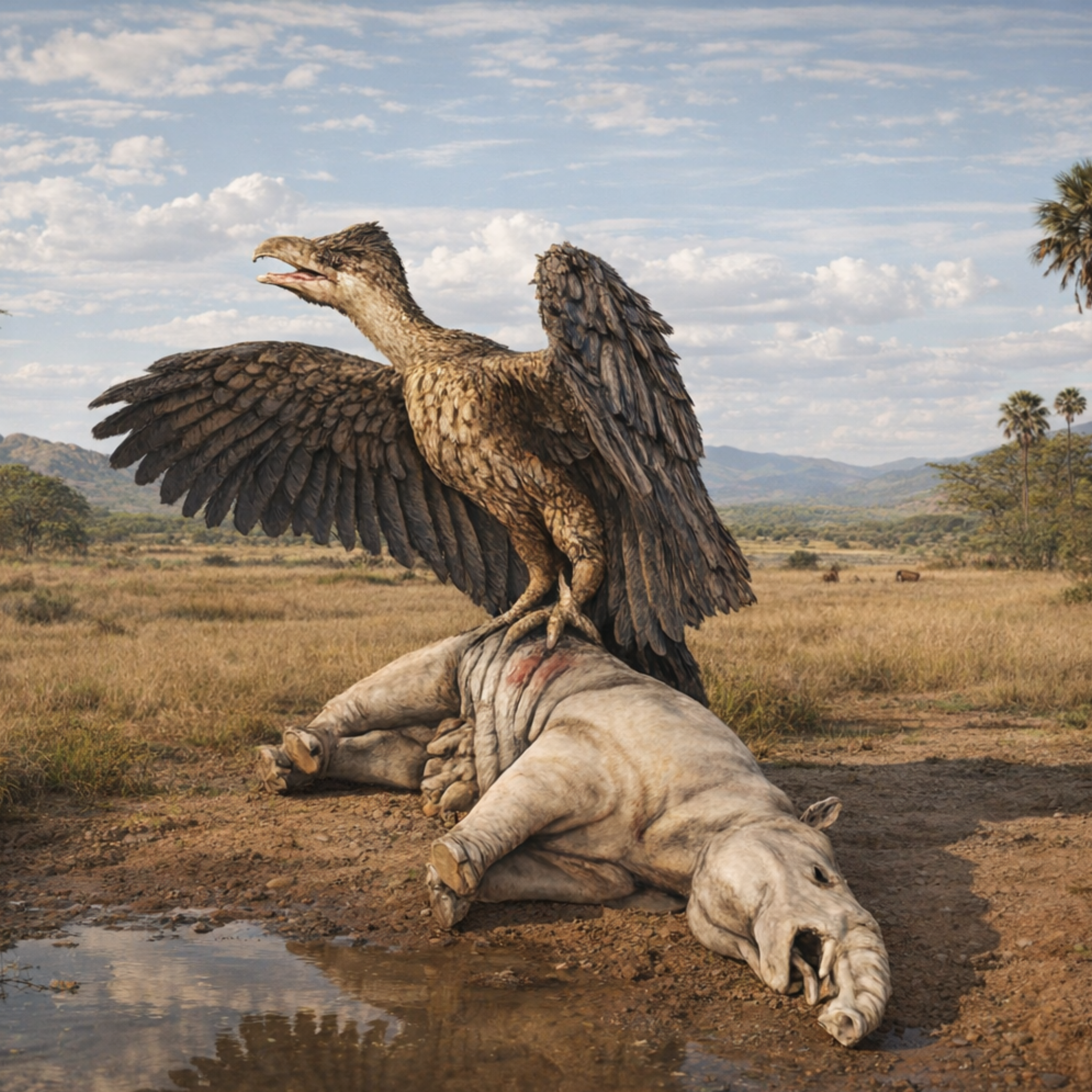 Argentavis with prey in a savannah landscape