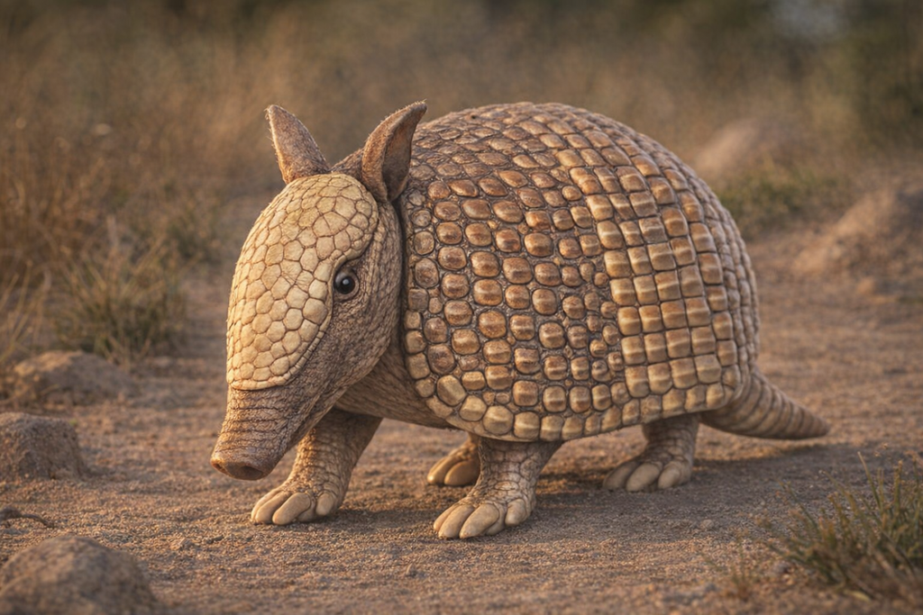 Armored armadillo walking on a dirt path with a natural background