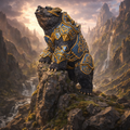 Armoured Bear on rock in a fantasy mountain landscape