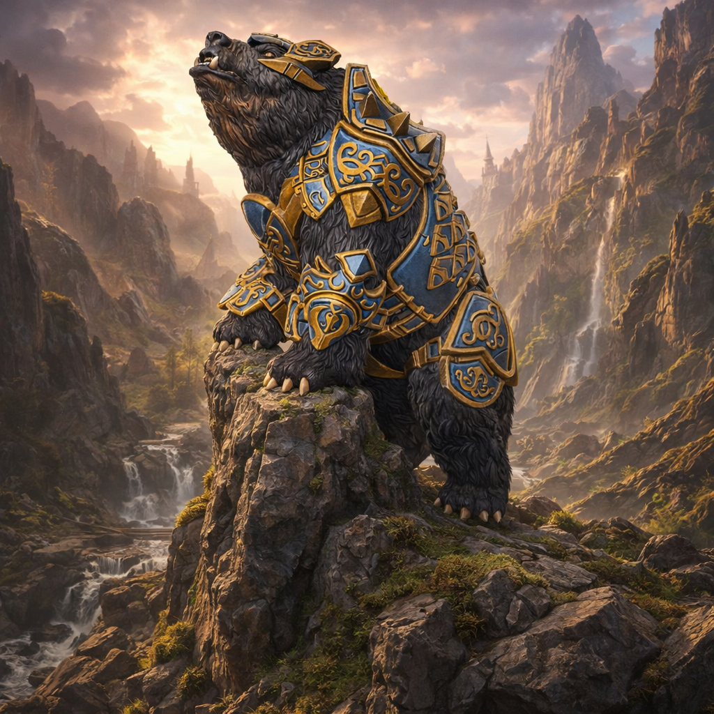Armoured Bear on rock in a fantasy mountain landscape