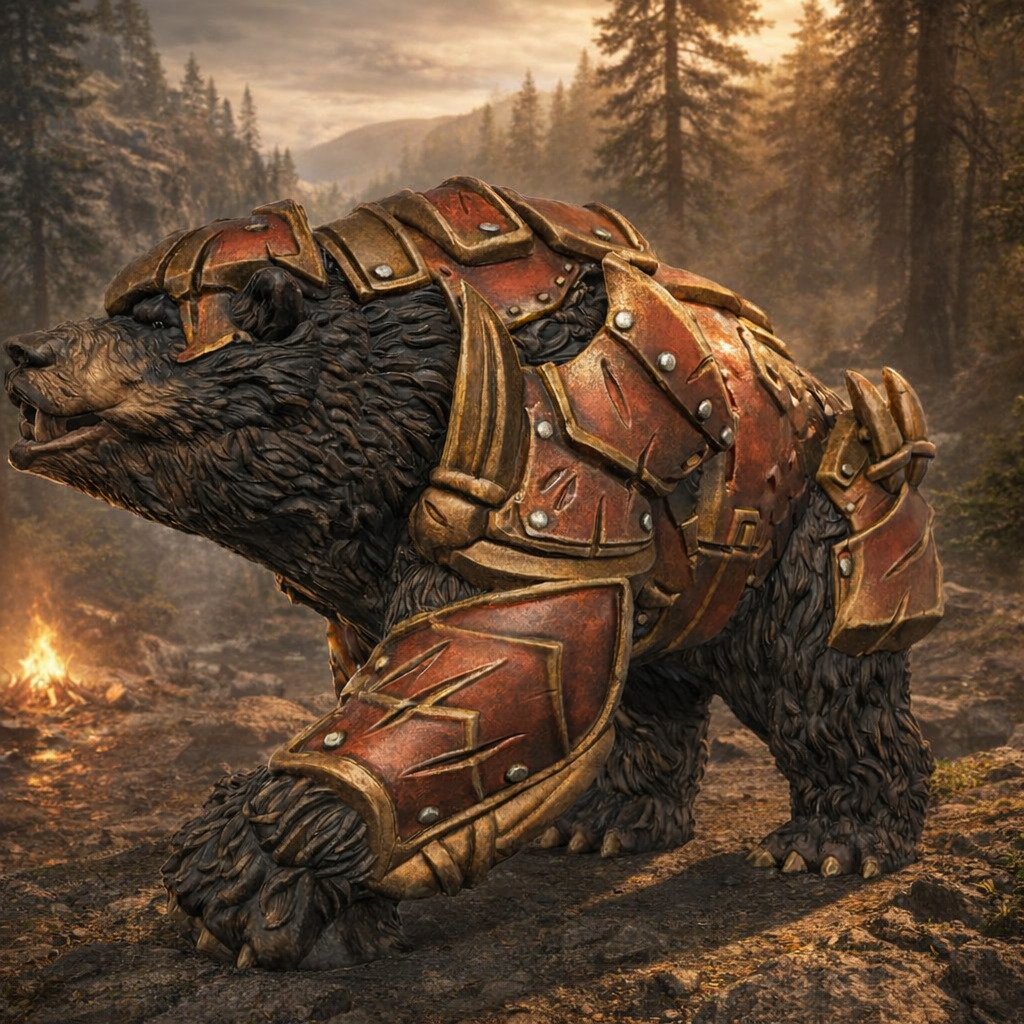Armoured Bear stalking in a forest setting