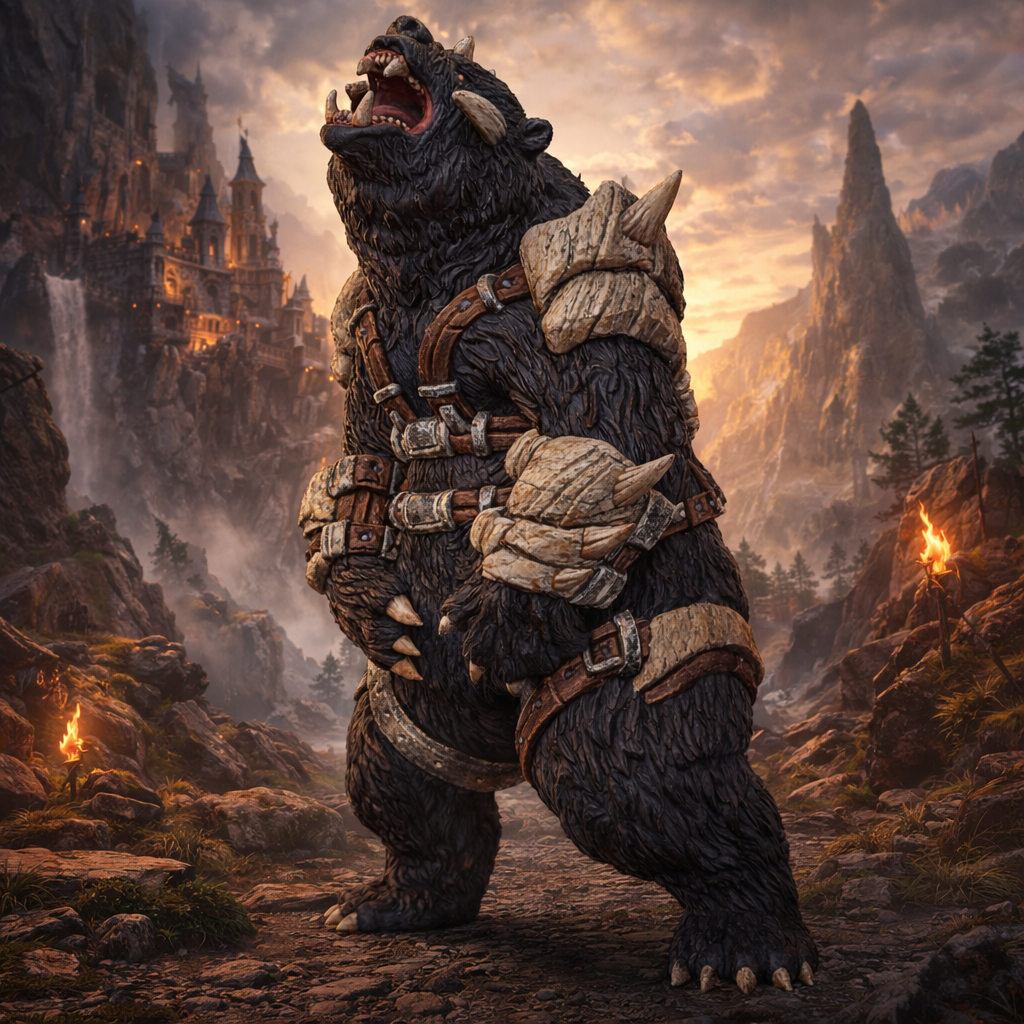 Bear in armor standing in a fantasy landscape with mountains and a castle.