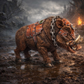Armored boar in a fantasy setting with a castle and fire in the background