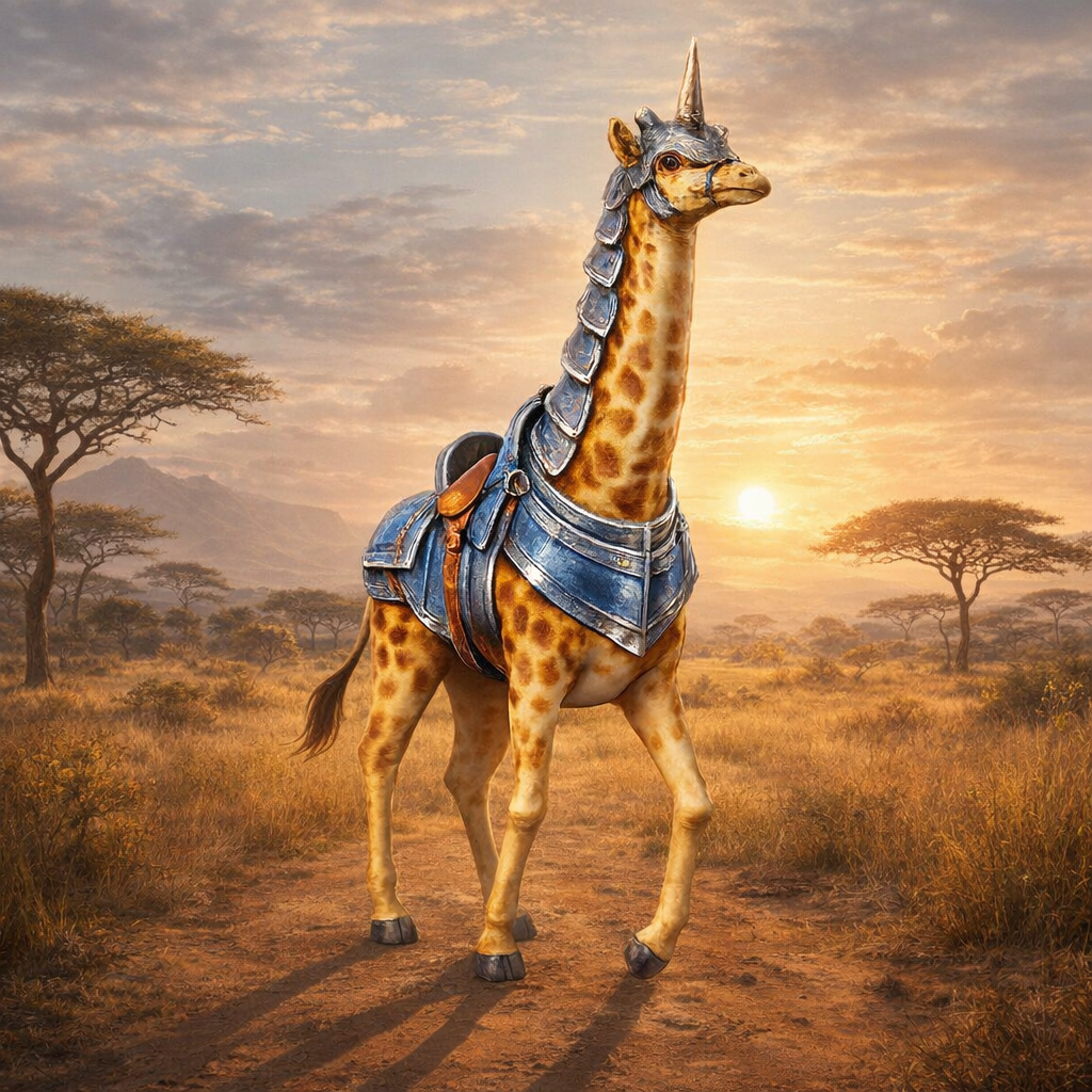 Giraffe with armor standing on a savannah at sunset
