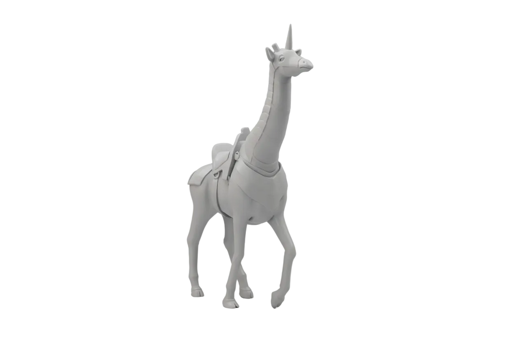 3D printed miniature resin model of an armoured giraffe, presented unpainted and without a base.