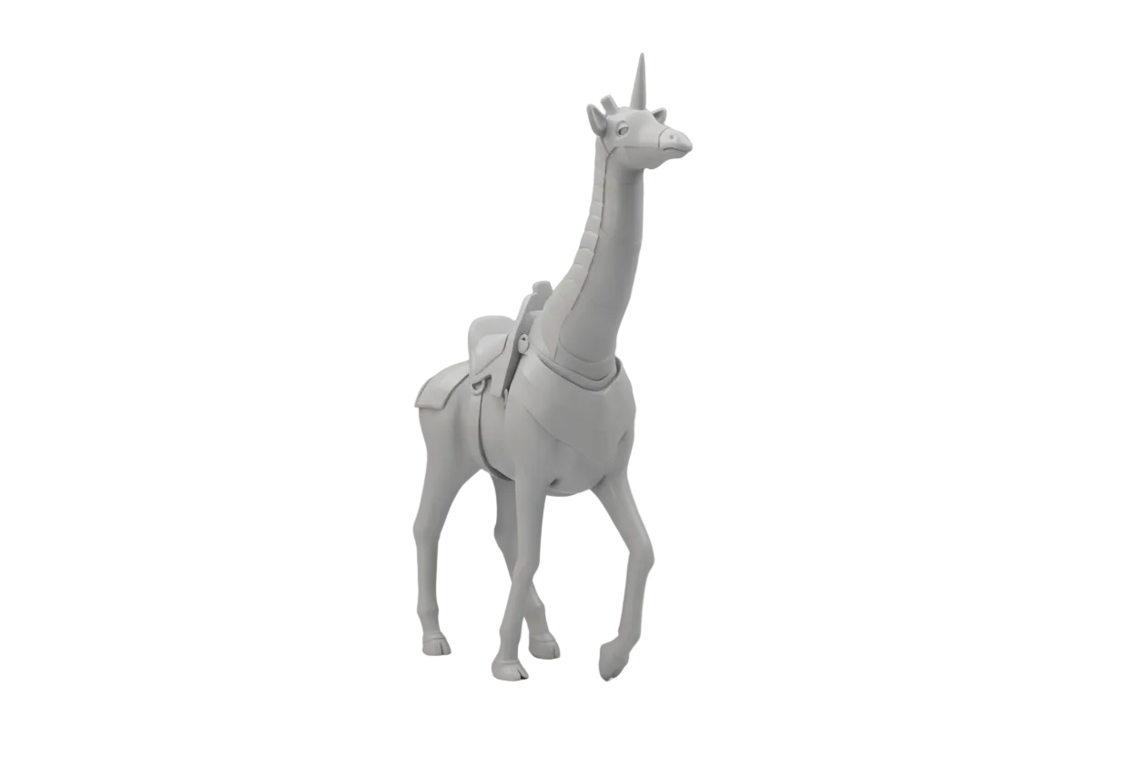3D printed miniature resin model of an armoured giraffe, presented unpainted and without a base.